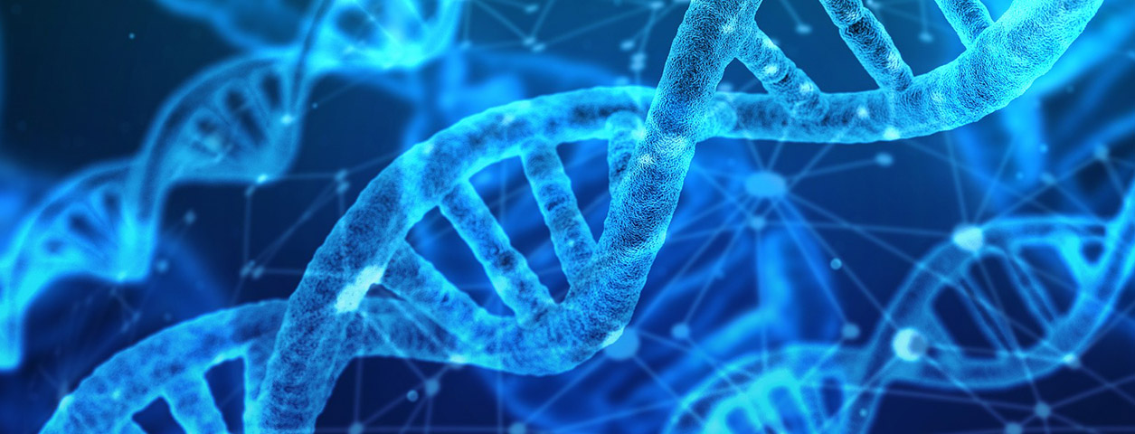 Close-up of a glowing blue DNA double helix on a dark background with network-like connections.