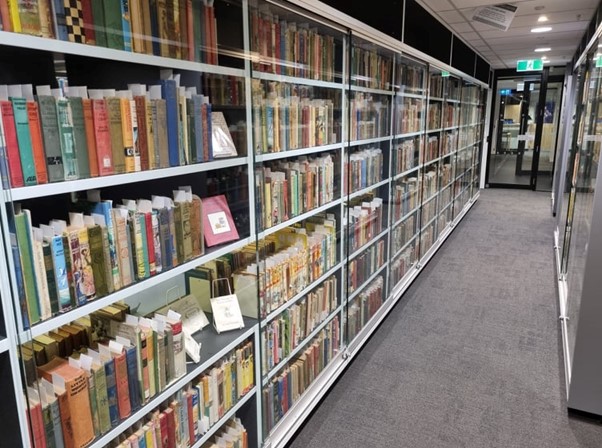  A section of the Nolan Collection, on display in the Melbourne campus library.