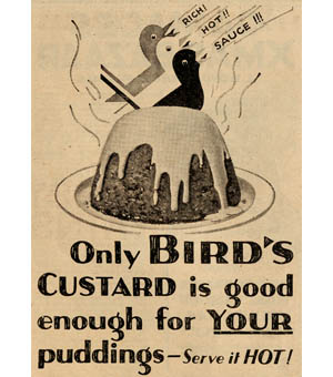 Vintage advertisement from The Children's Newspaper, issue 664, 12 December 1931, featuring a pudding topped with custard and three birds singing "Rich! Hot! Sauce!" The text reads, "Only Bird's Custard is good enough for YOUR puddings – Serve it HOT!" in bold, playful lettering.