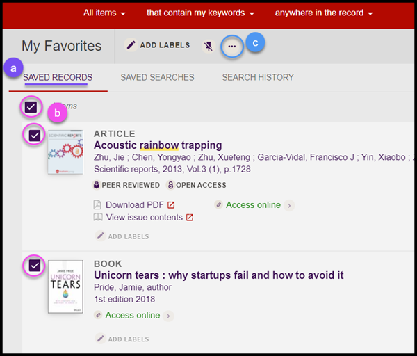 My Favourites screenshot with highlighted sections