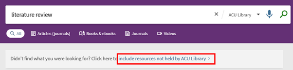 Include resources not held by ACU Library link appearing at the top of the search results screen