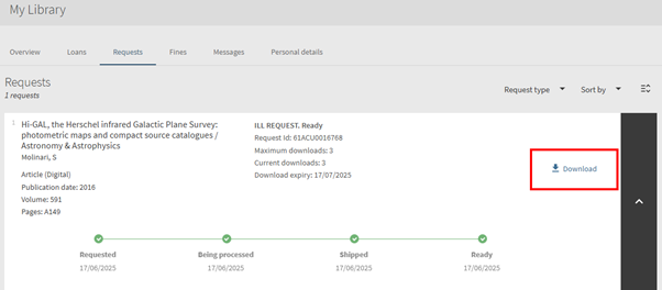 Download link in main area of Requests screen