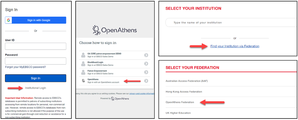 Example screenshots of different ways to login via Open Athens