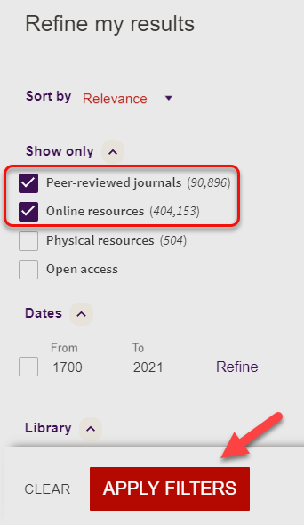 Screen shot of Refine my results library webpage with Peer reviewed journals and Online resources ticked and highlighted and arrow to apply filters