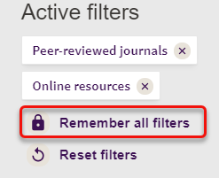 Active filters area of Library search with Peer reviewed journals and online resources highlighted and Remember all filters circled in red
